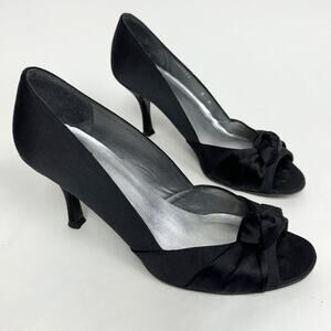 Stuart Weitzman Black Satin Heels Open Toe Pumps Stiletto Heel Knotted Size 8